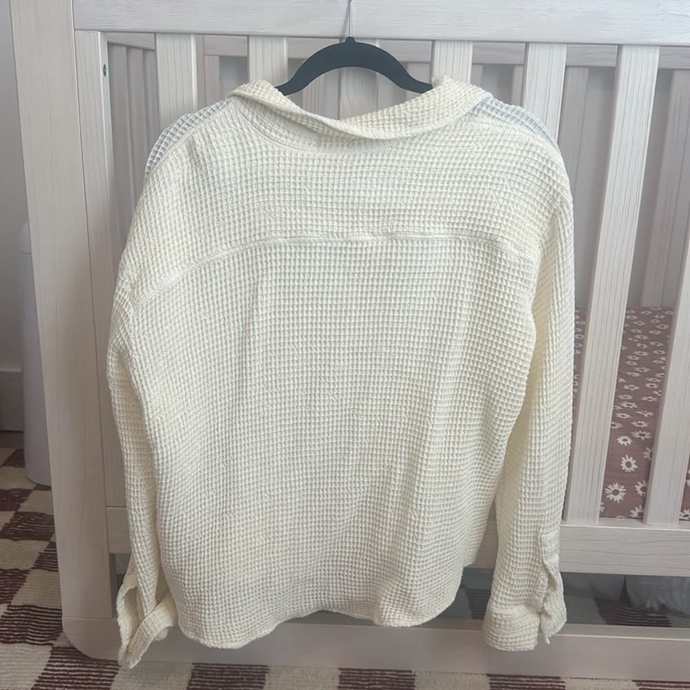 DONNI. Cream Waffle Knit Button-Down Shirt - Picture 3 of 5